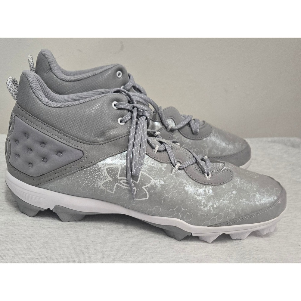 Under Armour Leadoff Mid RM Baseball Cleats Grey White 3026592-101 Mens Size 13
